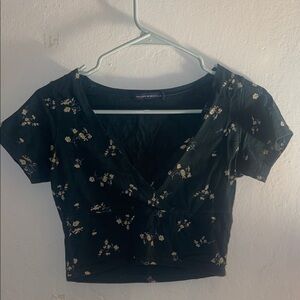 Brandy Melville Dark Green Floral V-Neck Crop Top